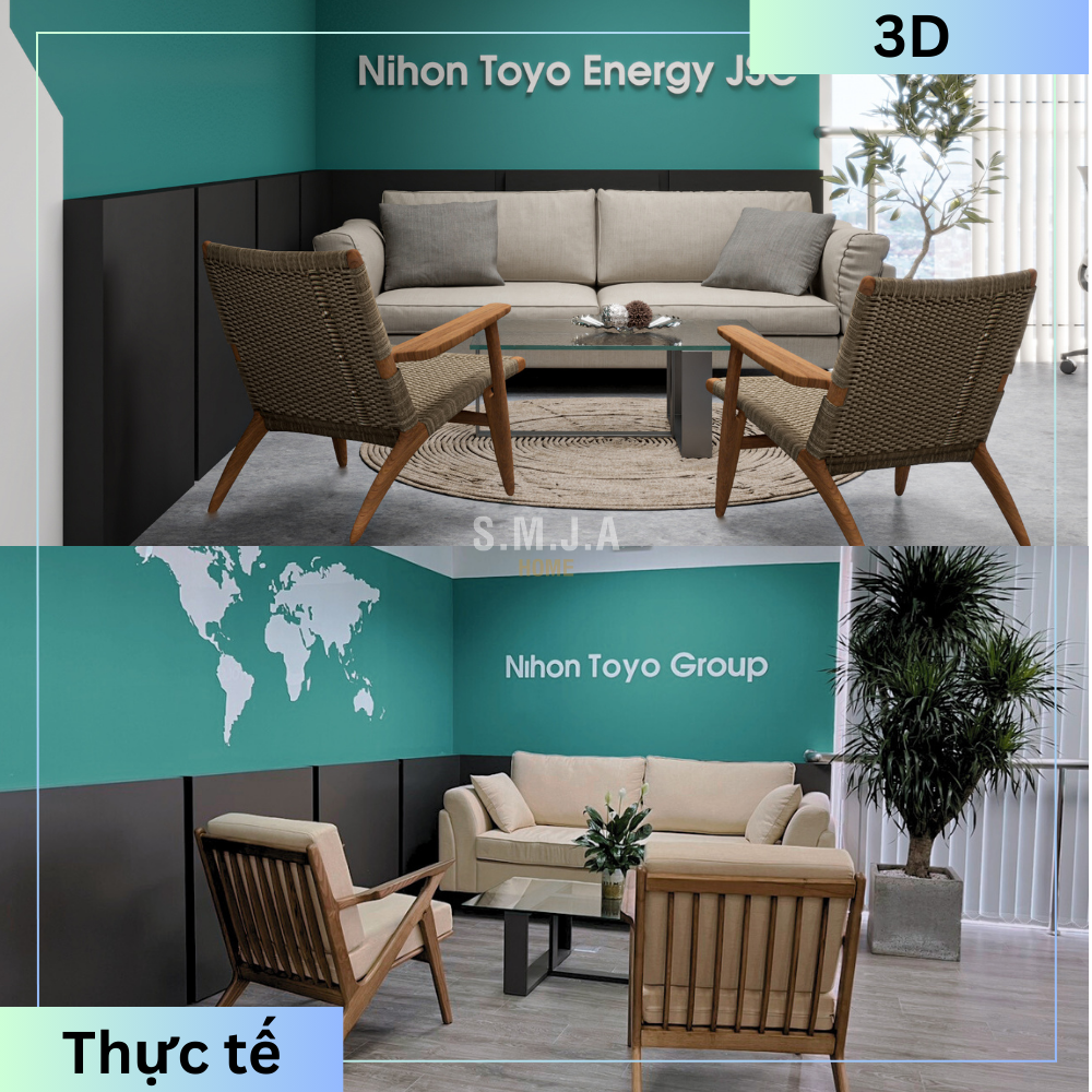 SO SÁNH HÌNH ẢNH THIẾT KẾ 3D VÀ THI CÔNG NỘI THẤT THỰC TẾ VĂN PHÒNG TOYO 