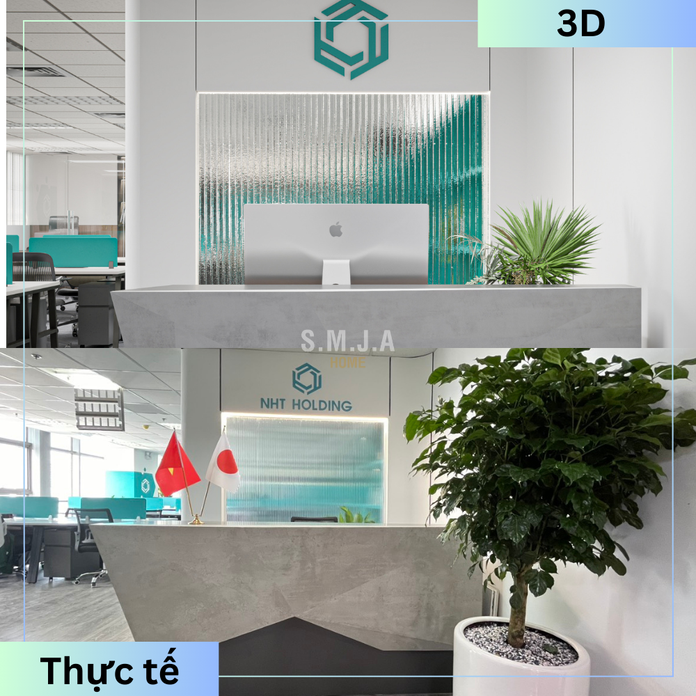 SO SÁNH HÌNH ẢNH THIẾT KẾ 3D VÀ THI CÔNG NỘI THẤT THỰC TẾ VĂN PHÒNG TOYO 